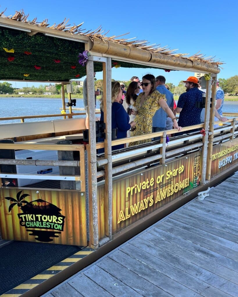 Event guests socializing while boarding the Friki Tiki party boat for a special celebration cruise.