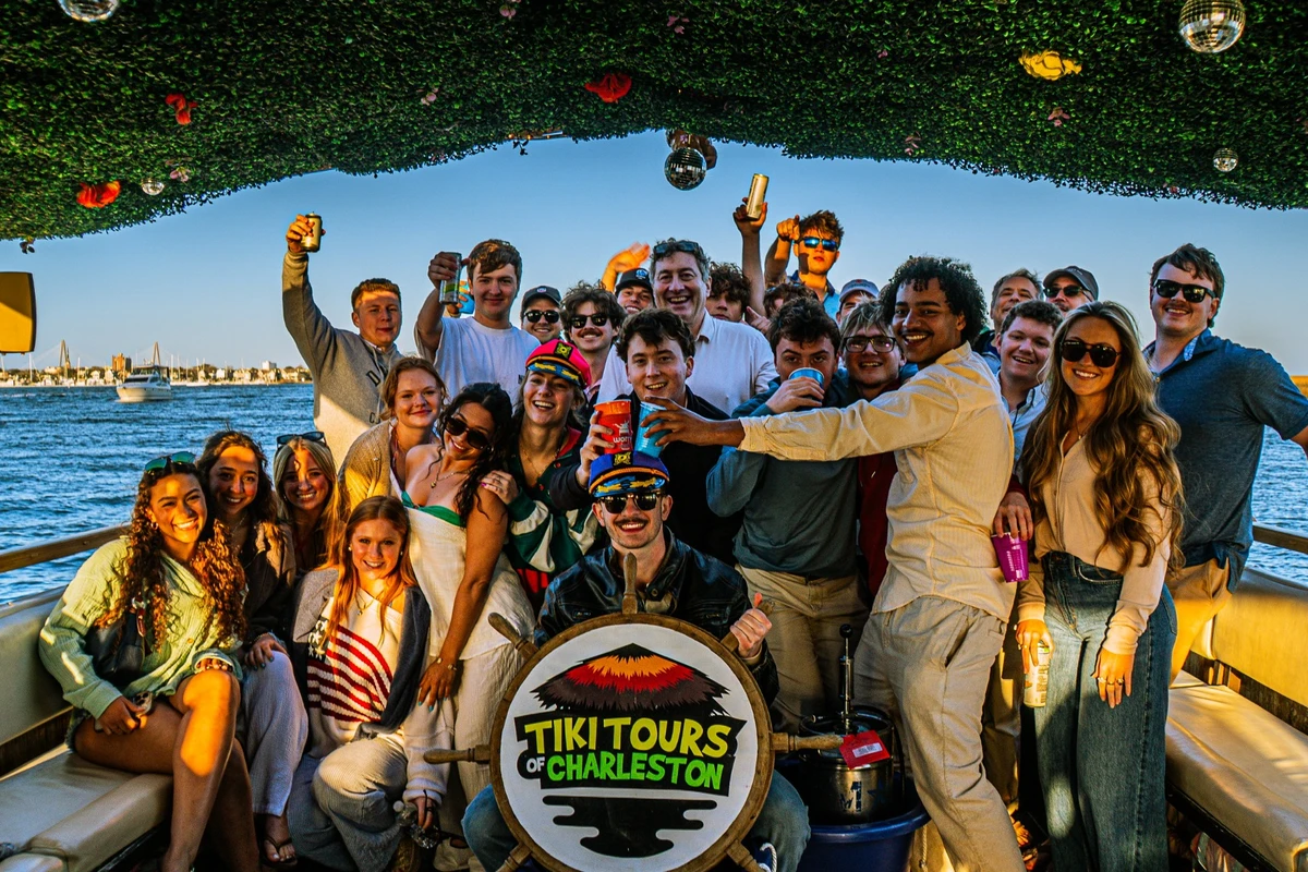 semi-private-party-boat-charleston-bachelor-bachelorette Semi-private party boat Charleston SC bachelor party meets bachelorette group on the Friki Tiki