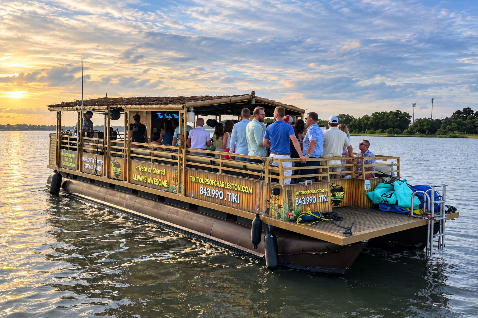 Friki Tiki party boat tour cruising the waterways of Charleston, South Carolina